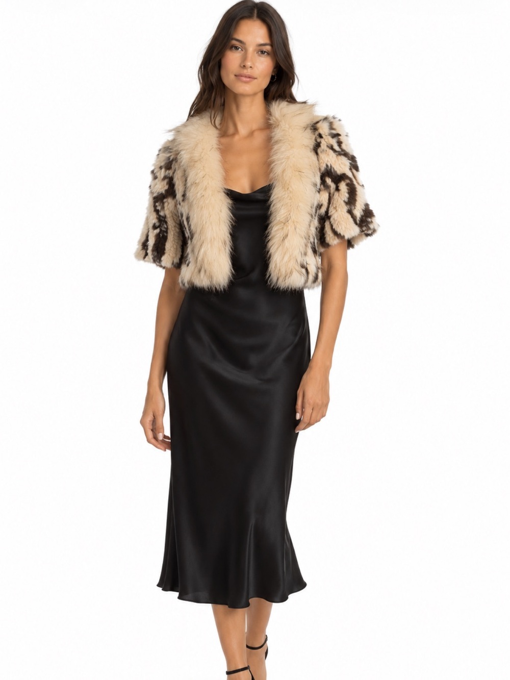 Patty& Bianca Rabbit and Raccoon Fur Bolero Cream & Brown -One size